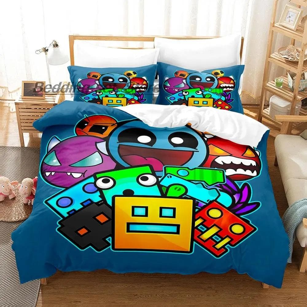 Hip Hop Angry Geometry Dash Bedding Set Single Twin Full Queen King Size Bed Set Game Bedroom Duvetcover Sets Anime Bed US Twin 173x218cm