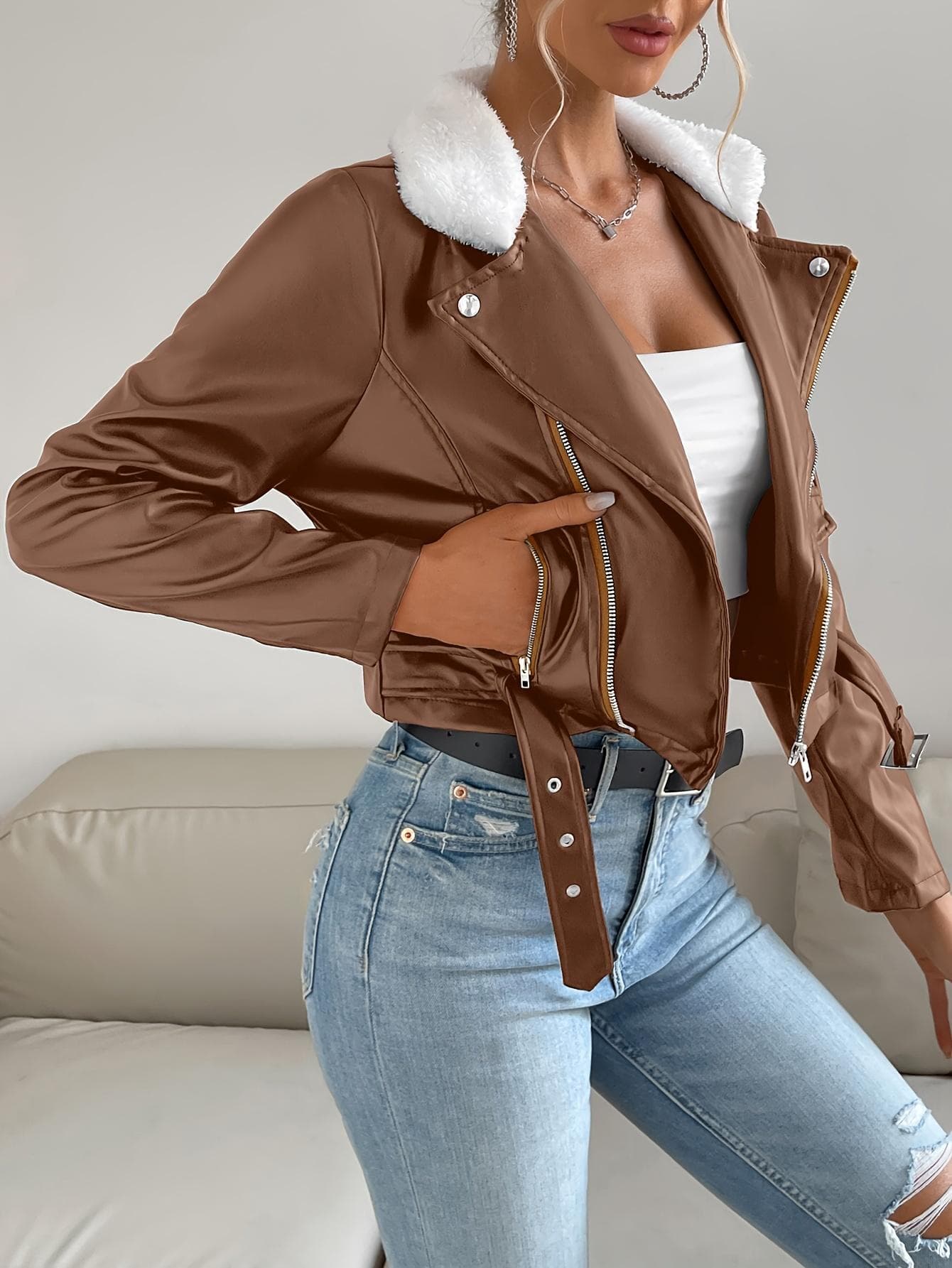 Zip Up PU Leather Jacket, Casual Long Sleeve Solid Outerwear, Women's Clothing XXL khaki