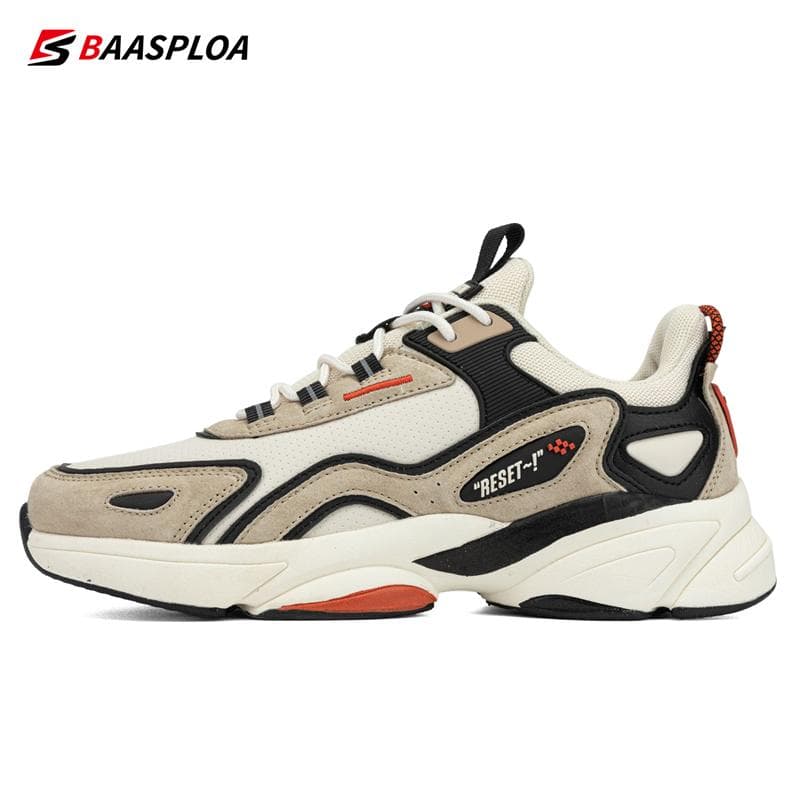 Baasploa Men Sneakers Running Shoes Non-slip Breathable Casual Walking Shoes Comfortable Leather Sneakers Male Waterproof Shoes 44 beige