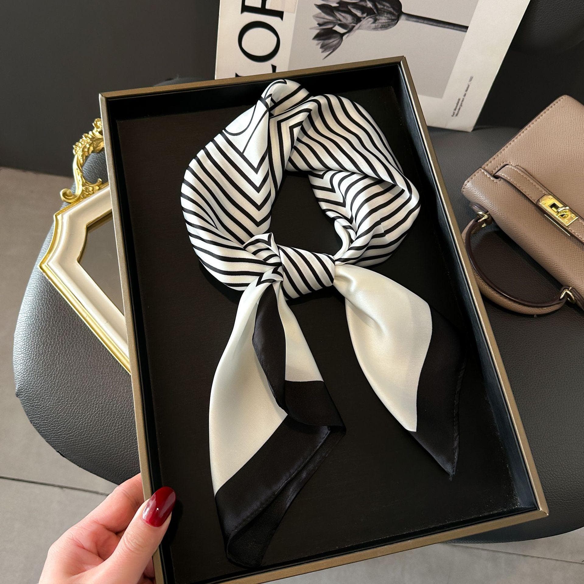 Fashionable Women's Scarf Versatile High-End Decorative Square Scarf Professional Neck Scarf Faux Silk New Version Floating Ribbon Tied Bag Striped off-white