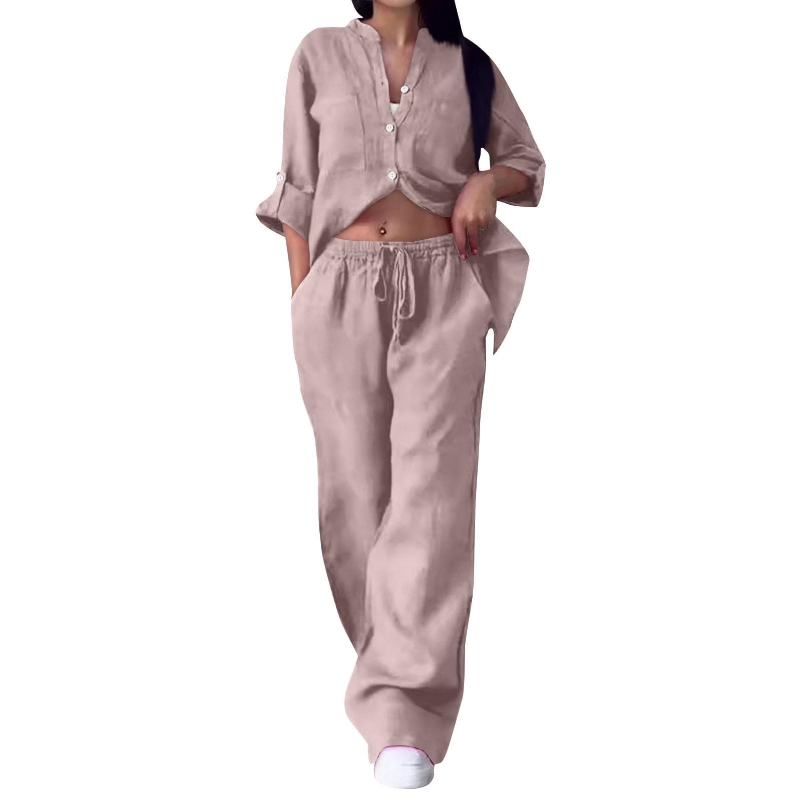 Women's 2-piece Casual Cotton And Linen Solid Color Shirt And Drawstring Wide Leg Pants Set XXXXL beige