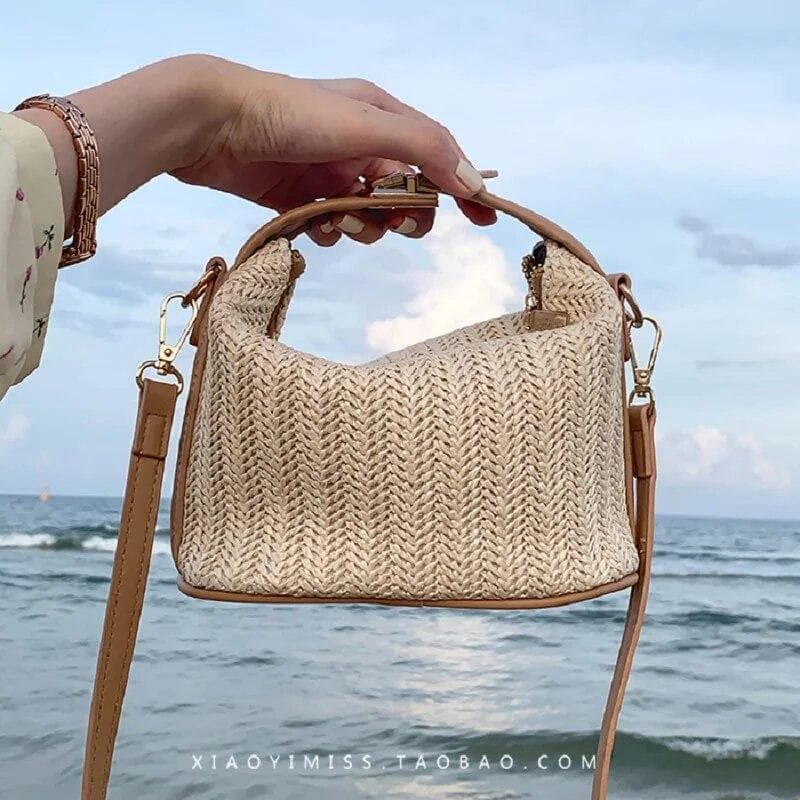 Woven Beige Grass Crossbody Bag Boho-chic Handbag Crochet Straw Shoulder Bag Summer Beach Bag Women Makeup Bag Travel Bag One Size beige