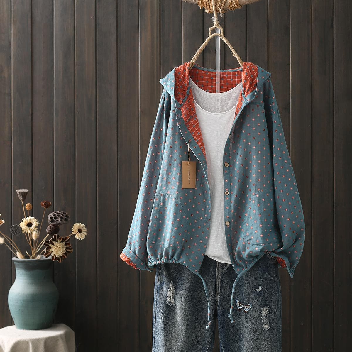 Large size blouses for women autumn spring hooded long sleeve single-breasted shirts adjustable women's clothing One Size green