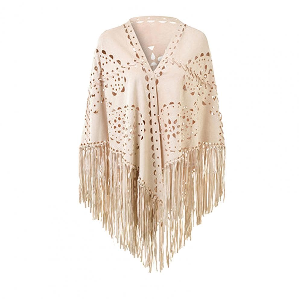 Women Shawl Warm Fabric Solid Color Versatile Hollow Tassels Hem Winter Scarf Comfortable Shawl Wrap beige