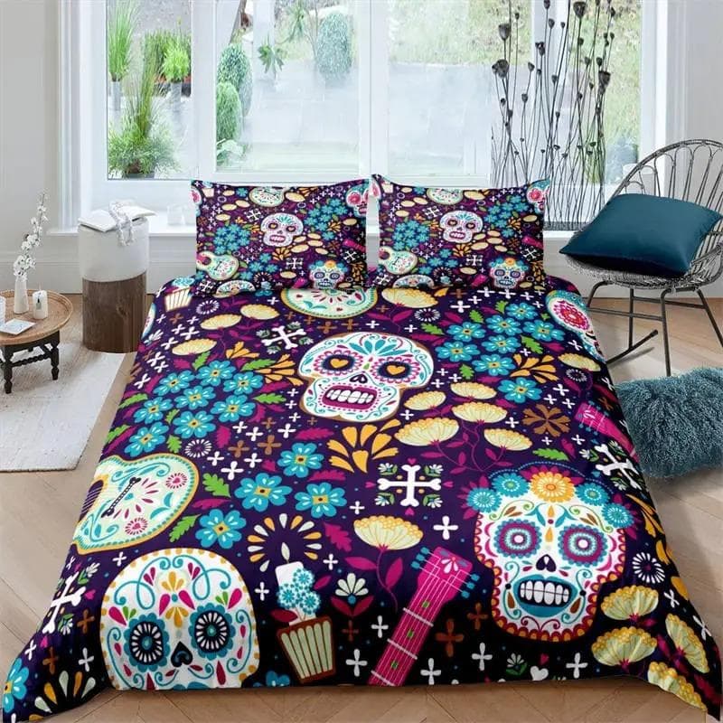 Sugar Skull Duvet Cover Luxury Gothic Skeleton Bedding Set Halloween Theme Floral Comforter Cover Twin Full For Girls Kids Teens 70x133cm 2pcs