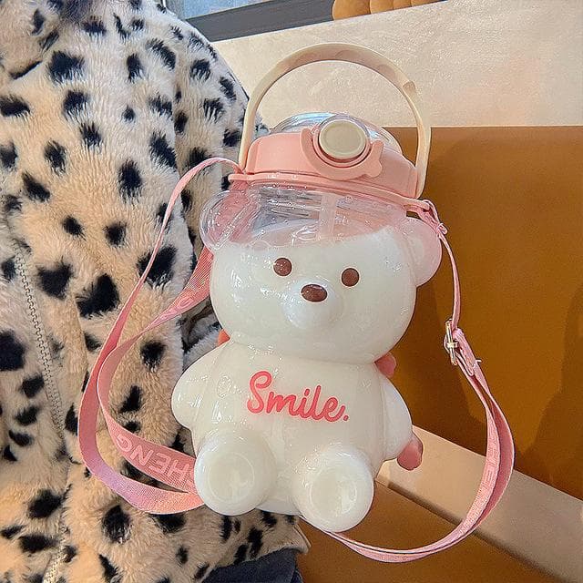 Summer Bear Water Cup Large-capacity Straw Milk Tea Coffee Cup Cute and Convenient Children's Water Cup Creative Gift Cup 1000ml pink