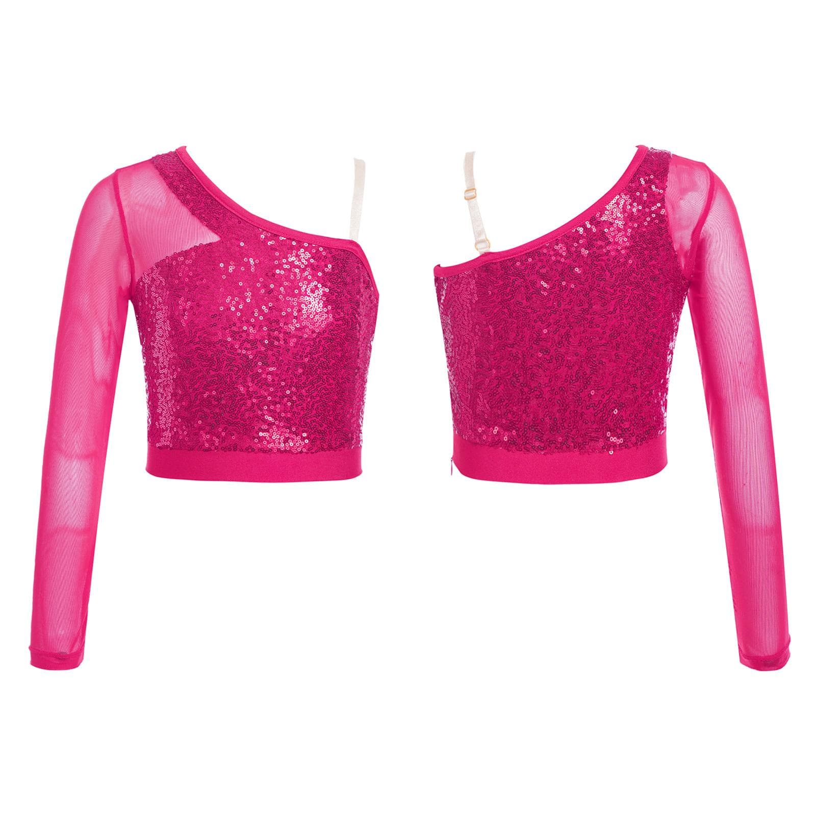 Shiny Sequin Crop Top for Girls Long Sleeve One Shoulder Jazz Hip Hop Ballet Dance Tops Dancewear 9-10 Years hot pink