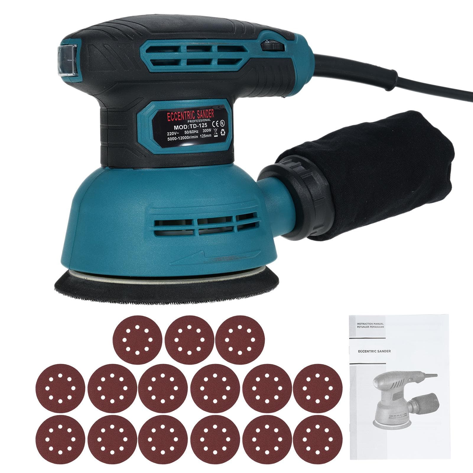 5-Inch Random Orbital Sander with 15Pcs Sandpapers 12000RPM 6 Variable Speed Sander Machine High US blue