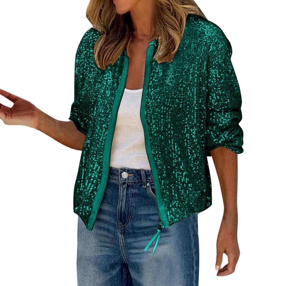 Lady Coat Glittering Sequin Round Neck Zipper Closure Long Sleeves Cardigan Short Type Loose Club Performance Stage Party Jacket S green