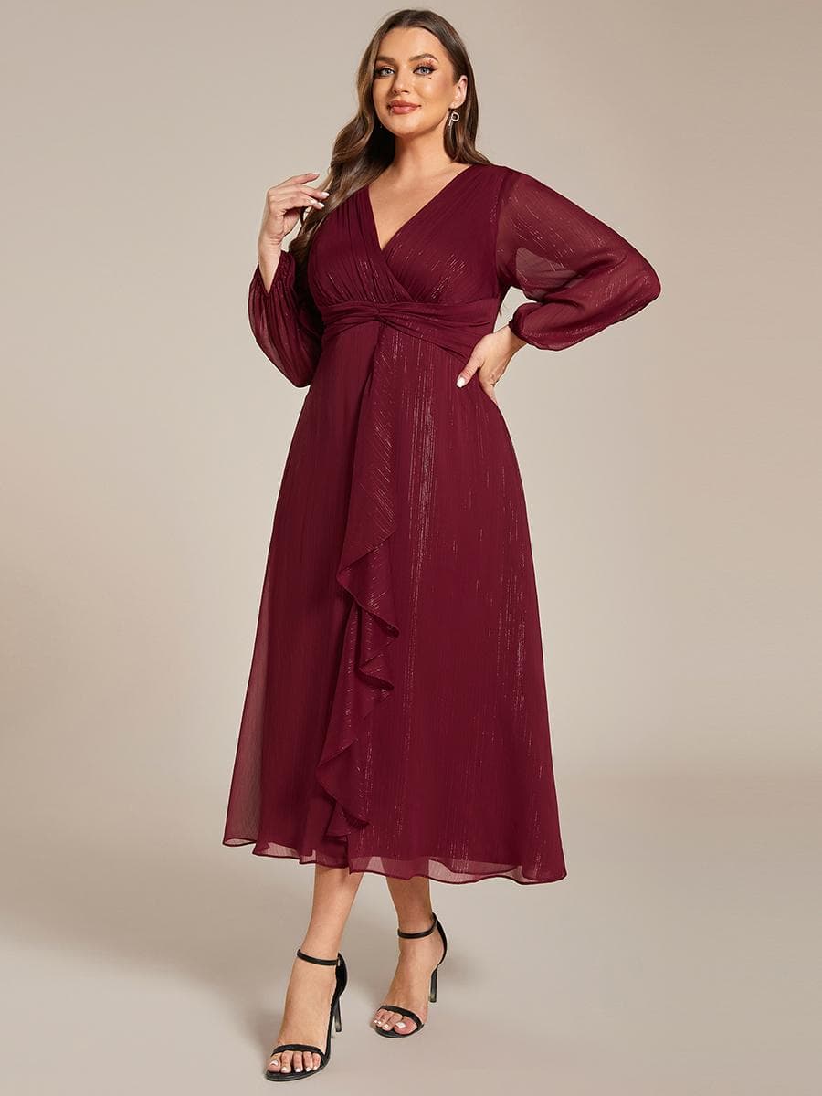 Ever-Pretty Women's Plus Size Shiny Chiffon Long Sleeve Wedding Guest Dress Twist Knot A-Line Evening Dresses 7XL burgundy