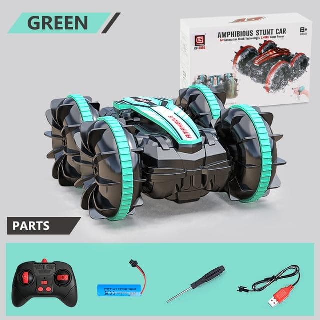 New Amphibious RC Car dual mode Remote Control Stunt Car Vehicle Double-sided Flip Driving Drift Rc Cars Outdoor Toys for Boys Children's Gift handle RC green