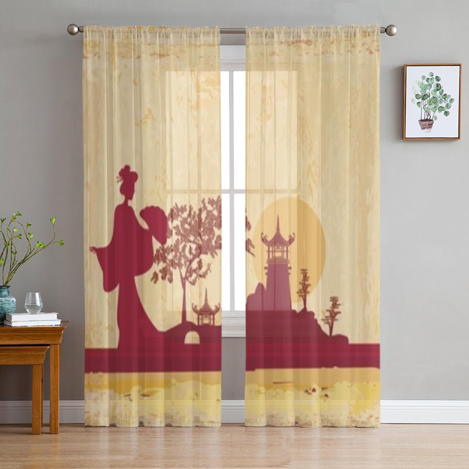 Abstract Asian Landscape Tulle Sheer Curtains for Living Room the Room Bedroom Kitchen Decoration Voile Organza Curtains 135W x 114H(cm)