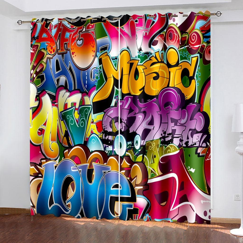 3D Digital Printing Abstract Art Curtain Graffiti 3D Printing Living Room Bedroom Decor Window Treatment Curtain 100W160H(CM)40x63in&Grommet Top
