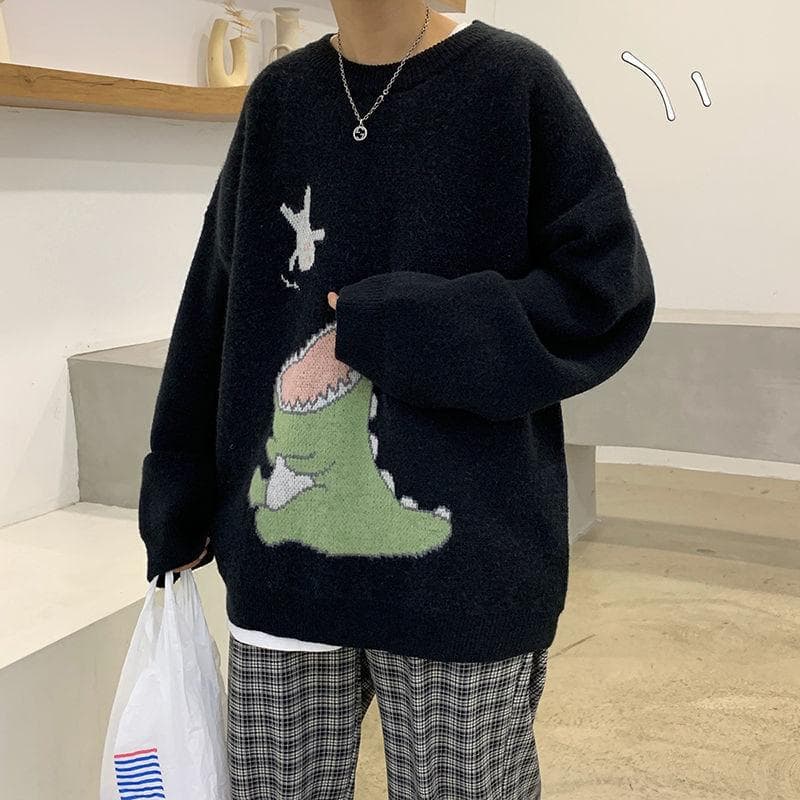 Autumn Men's Dinosaur Sweater All-match Personality Round Neck Sweater Hong Kong Style Sweater XL black