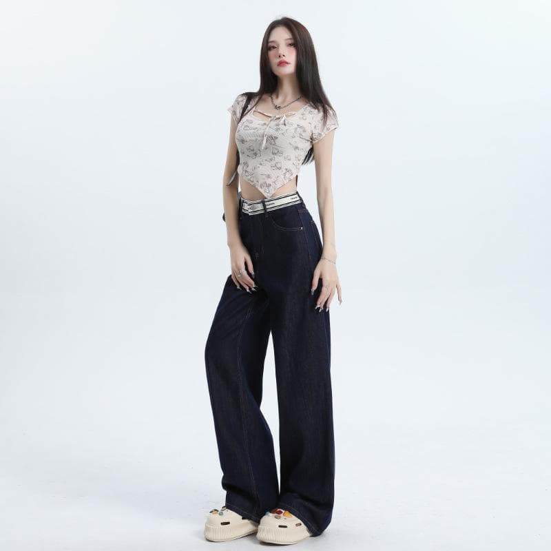 White Three-proof Tense Jeans for Women In Summer Thin Letters Waist Drooping Wide-leg Pants for Women In Summer Floor Pants XXL