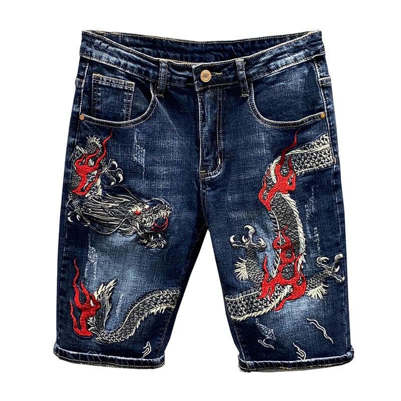 Men Retro Dragon Embroidered Jeans Street Hip-hop Retro Loose Straight Shorts  Loose  Casual Denim Shorts 30 blue