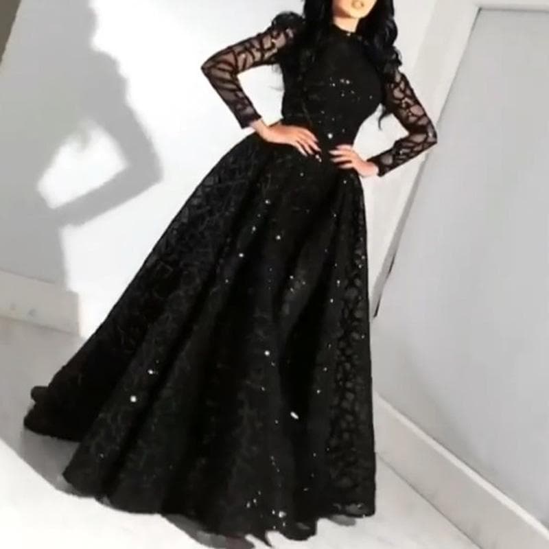 Spring and Summer New European and American Women's Long-sleeved Sequined Evening Dress New XXL black