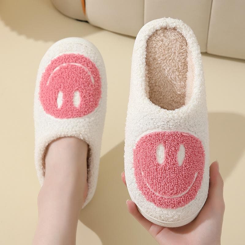 Cartoon Smiley Face Cotton Slippers - Women's Non-Slip Indoor Warm Slippers for Autumn and Winter Size 40-41 (Fits size 39-40) pink