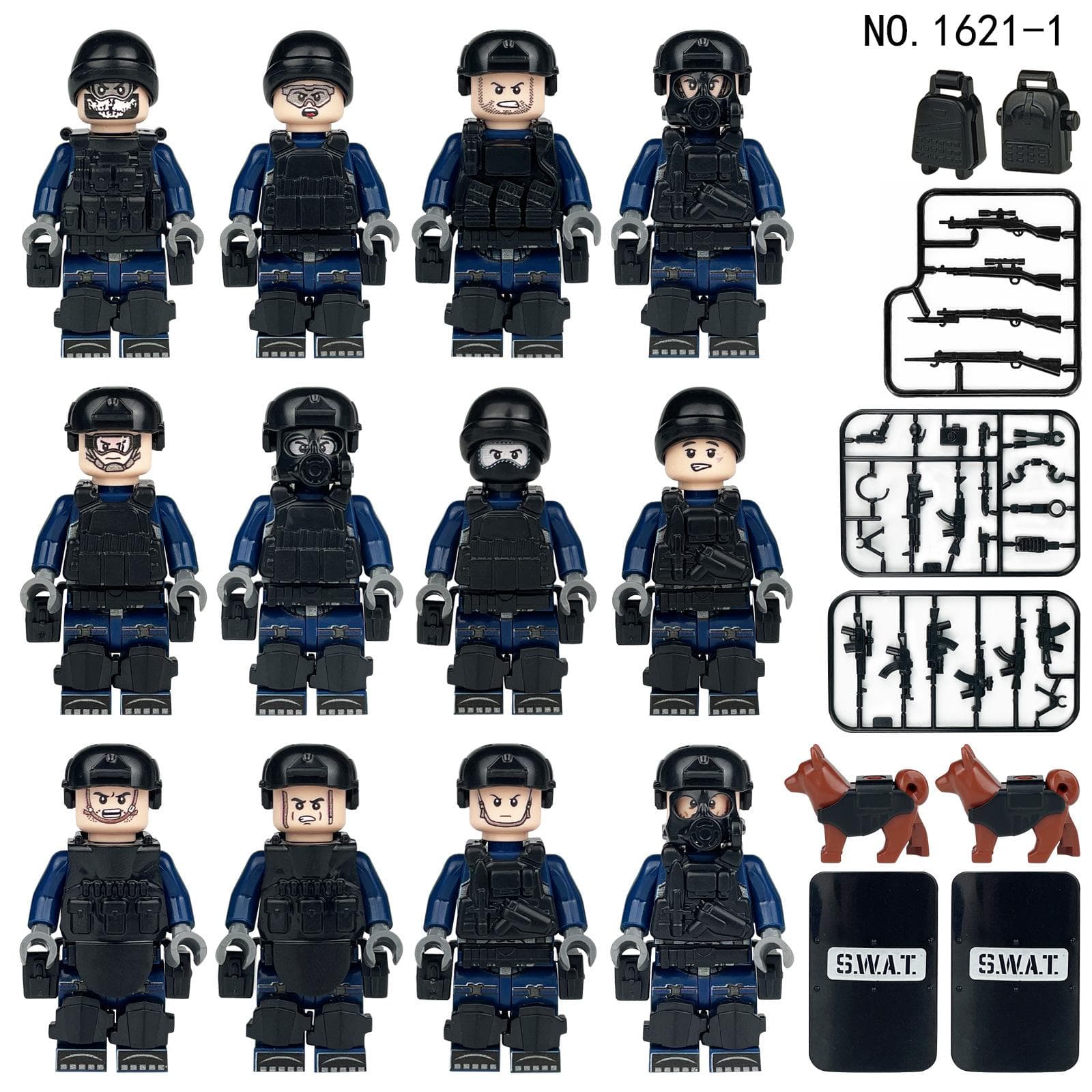 12pcs Anti-terrorism Blue SWAT Small Particle Human Child 1621 Children's Building Blocks Toy