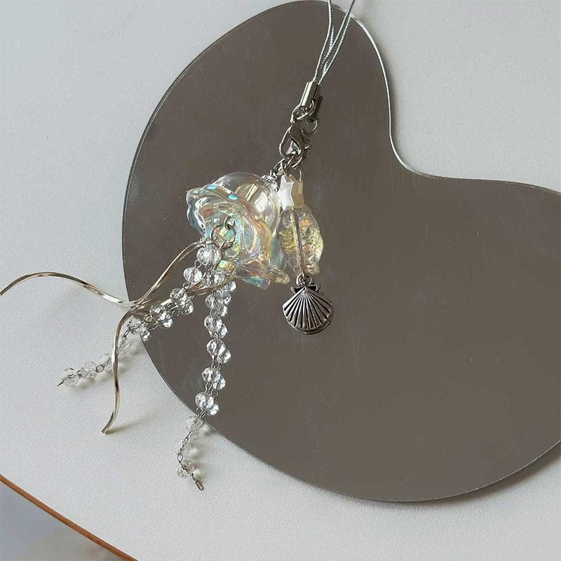 Original Dream Jellyfish Phone Chain Crystal Clear Marine Life Keychain Curved Metal Pendant white