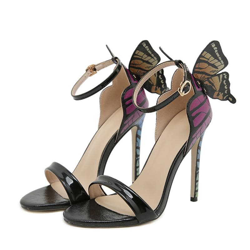 Liyke Summer Fashion Dimensional Butterfly Designer Sandals Women Sexy Open Toe Gold High Heels Wedding Banquet Shoes Sandalias 35 black