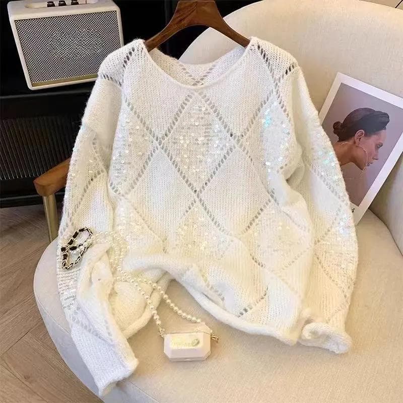 Vintage Sequins Sweater for Women Round Collar Loose Hollow Out Ladies Casual Pullover Tops Fashion Knitted Jumper XXL