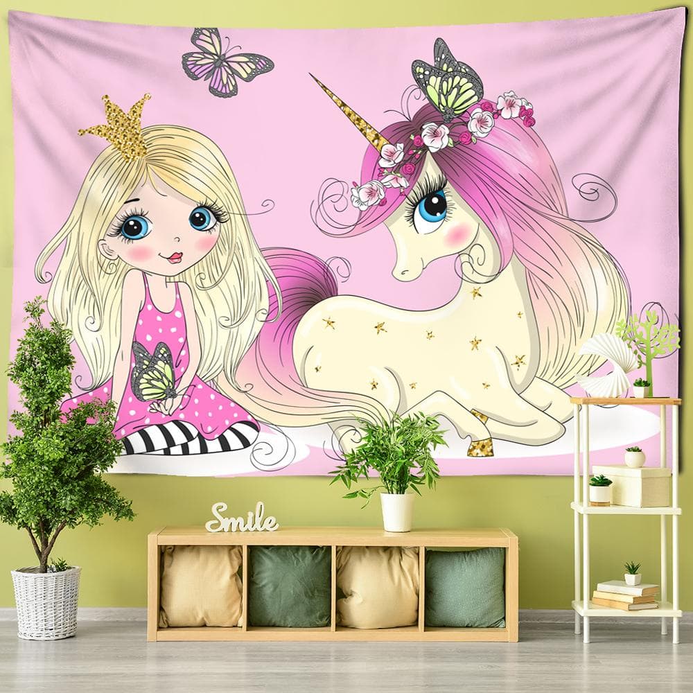Cute Girl Tapestry Mandala Carpet Cartoon Tarot Girl And Unicorn Wall Carpet Kawai Decoration Wall Hanging 95x70CM
