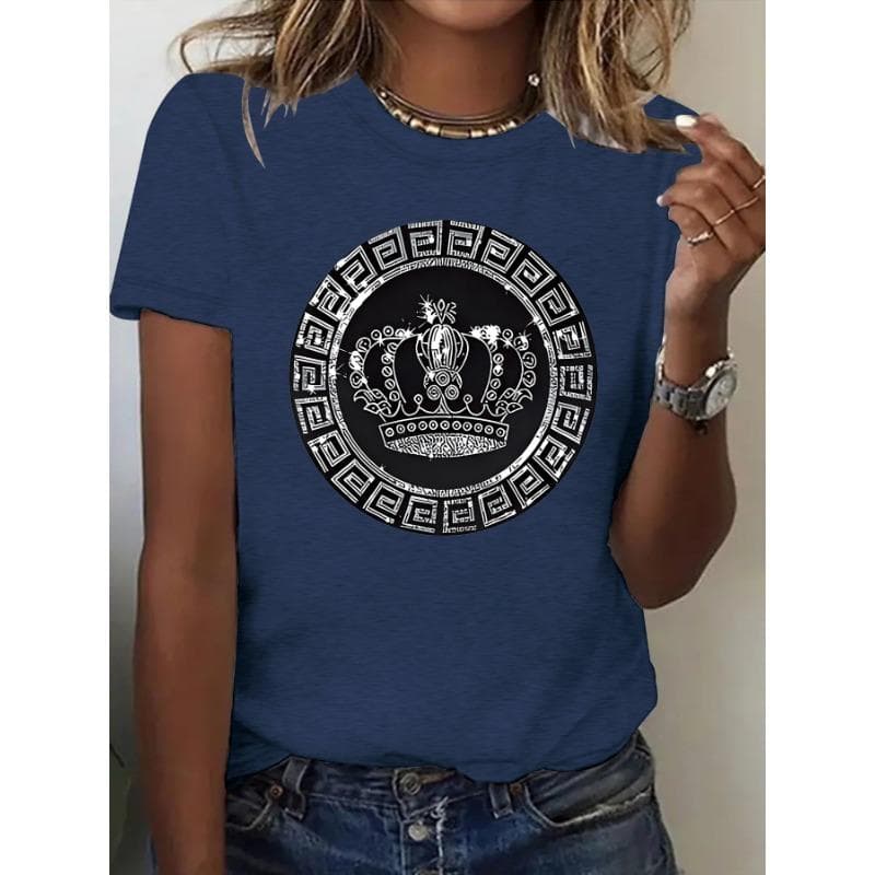 Women's short-sleeved loose and fashionable T-shirt with crown print XXL royal blue