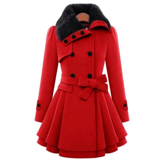 Women Vintage Woolen Coat Slim Trench Coats Lady Fur Collar Winter Woolen Coat Jackets Outwear L red