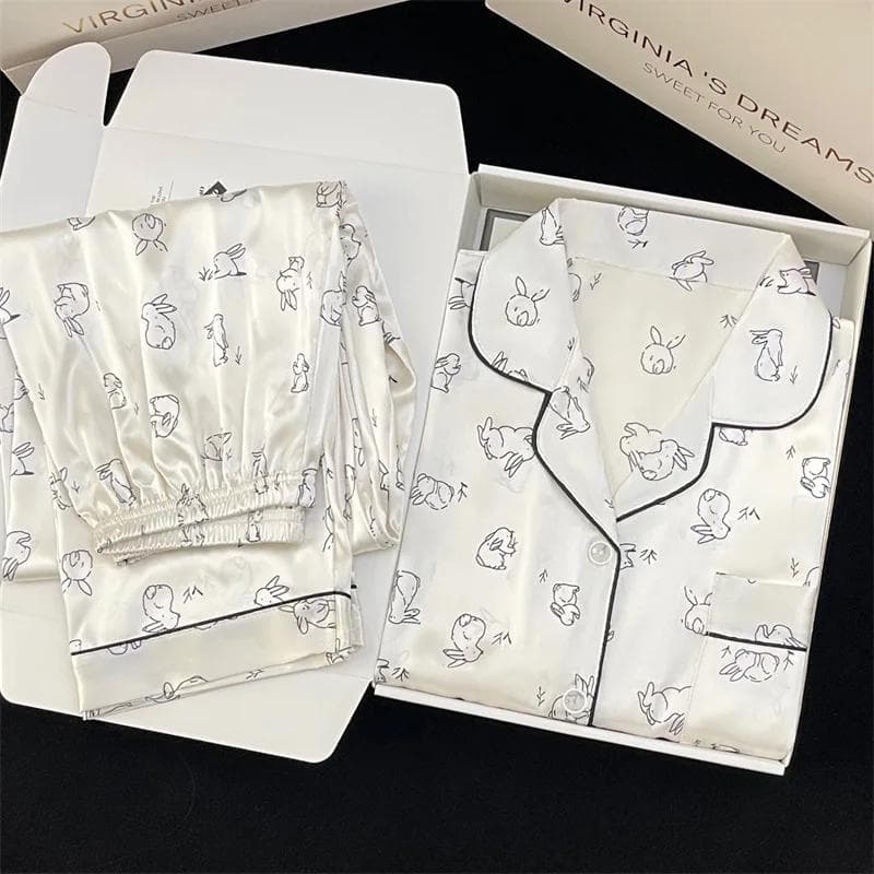 Kawaii Rabbit Print Pajamas Satin Silk Women Pijamas Thin Pyjamas New Lapel Sleepwear Women Long Sleeves Nightwear M