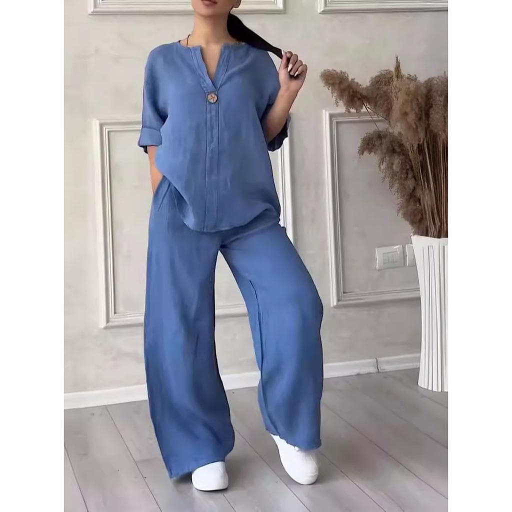 Fashionable European and American Women's Comfortable Loose Tops Wide-legged Pants Casual Cotton Linen Suit Plus Size 5XL blue