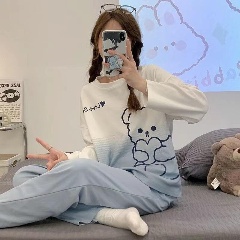 Ladies Cartoon Bear Pajamas Spring and Summer Long-Sleeved Casual Comfortable Homewear Outside Women Cute Floral Loungewear One size