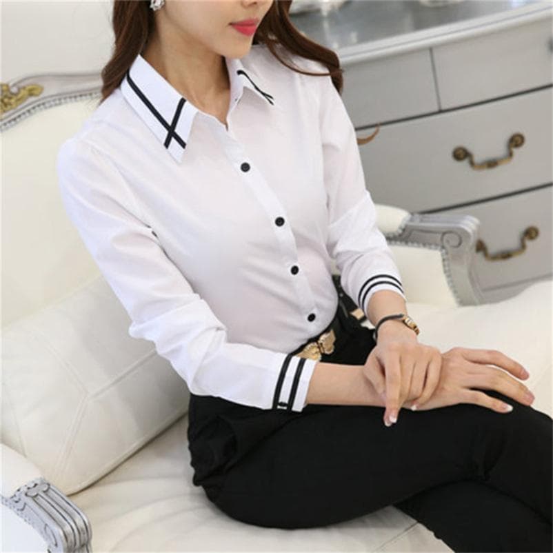Fashion Long Sleeve Turn Down Collar Formal Elegant Ladies Shirt Female Tops School Blouse Office Work Wear Business Casual Stylish White Blouse M