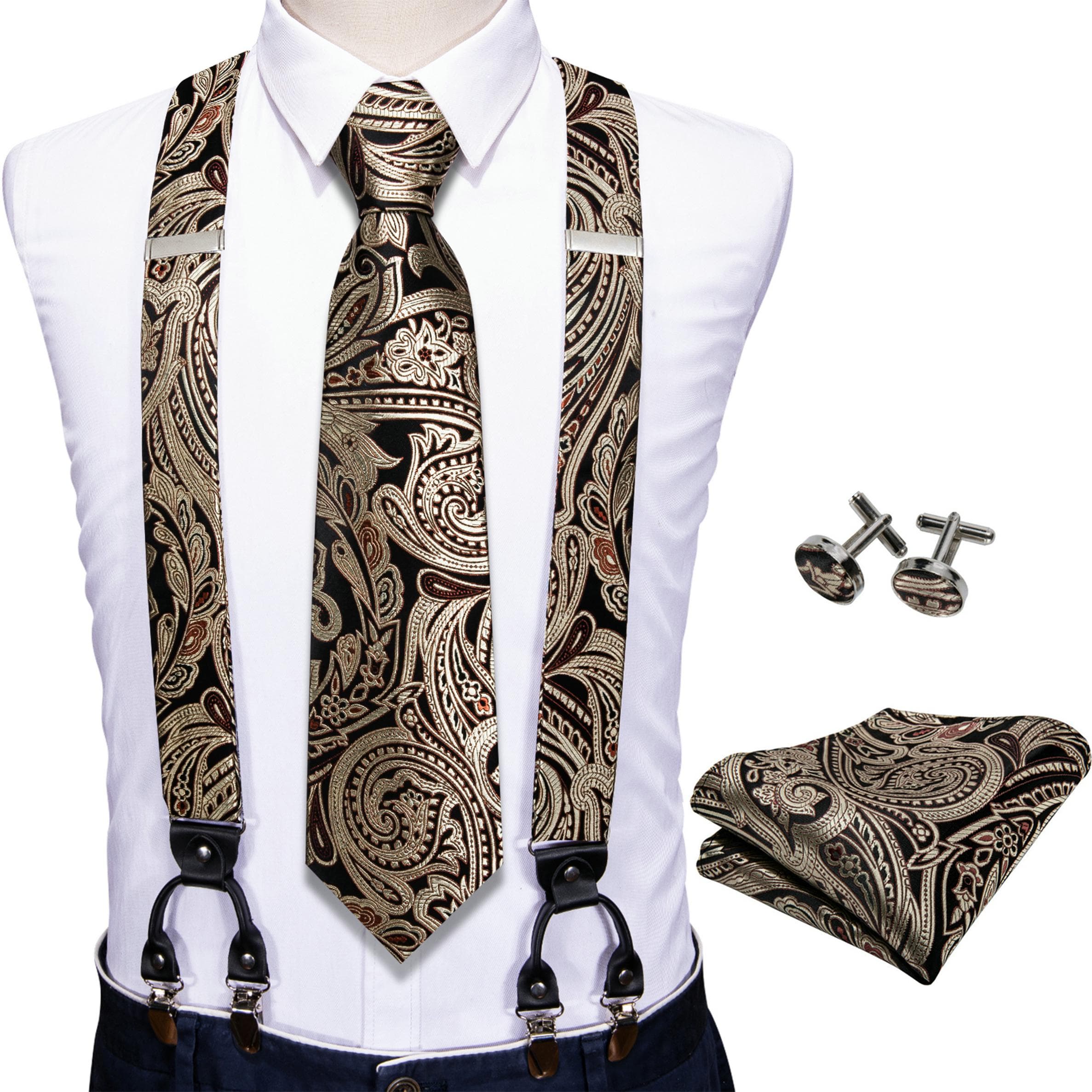 Fashion 6 Clip Men's Tie Suspenders 3.5cm Width Adjustable Elastic Strap Red Braces Suspender Silk Tie Set BJ-2037,N-1621