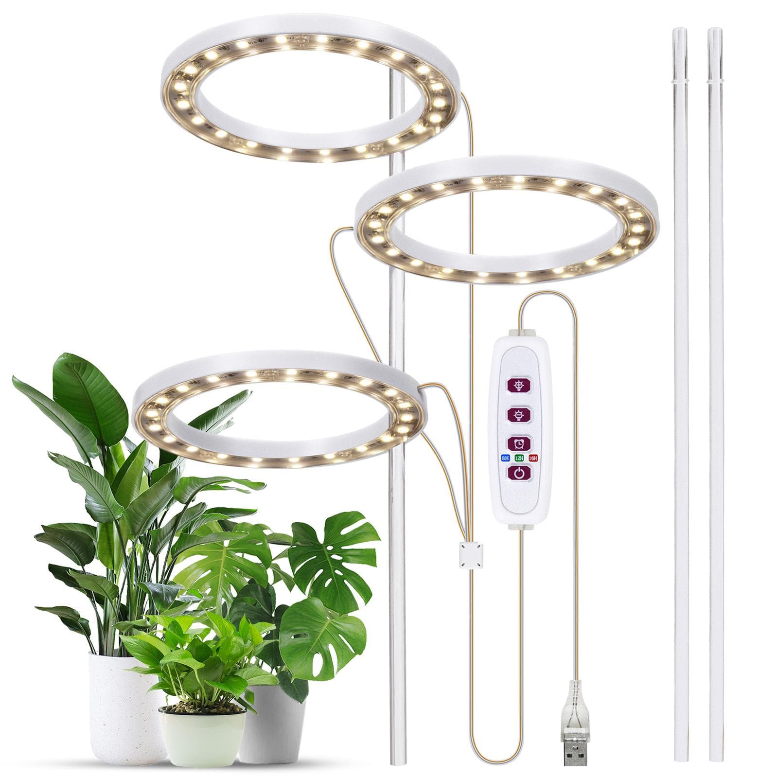 Grow Lights for Indoor Plants 4 Heads 6.2W 301.7lm 80LED 4000K USB Powered Grow Light 8H/12H/16H 3 Heads Sunlight