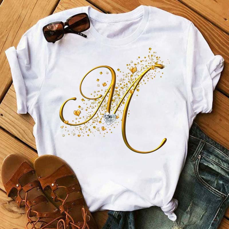 Custom Name Letter 3D Printe Women T-shirt Diamond Gold Letter Font A B C D E F G Black T-shirt M