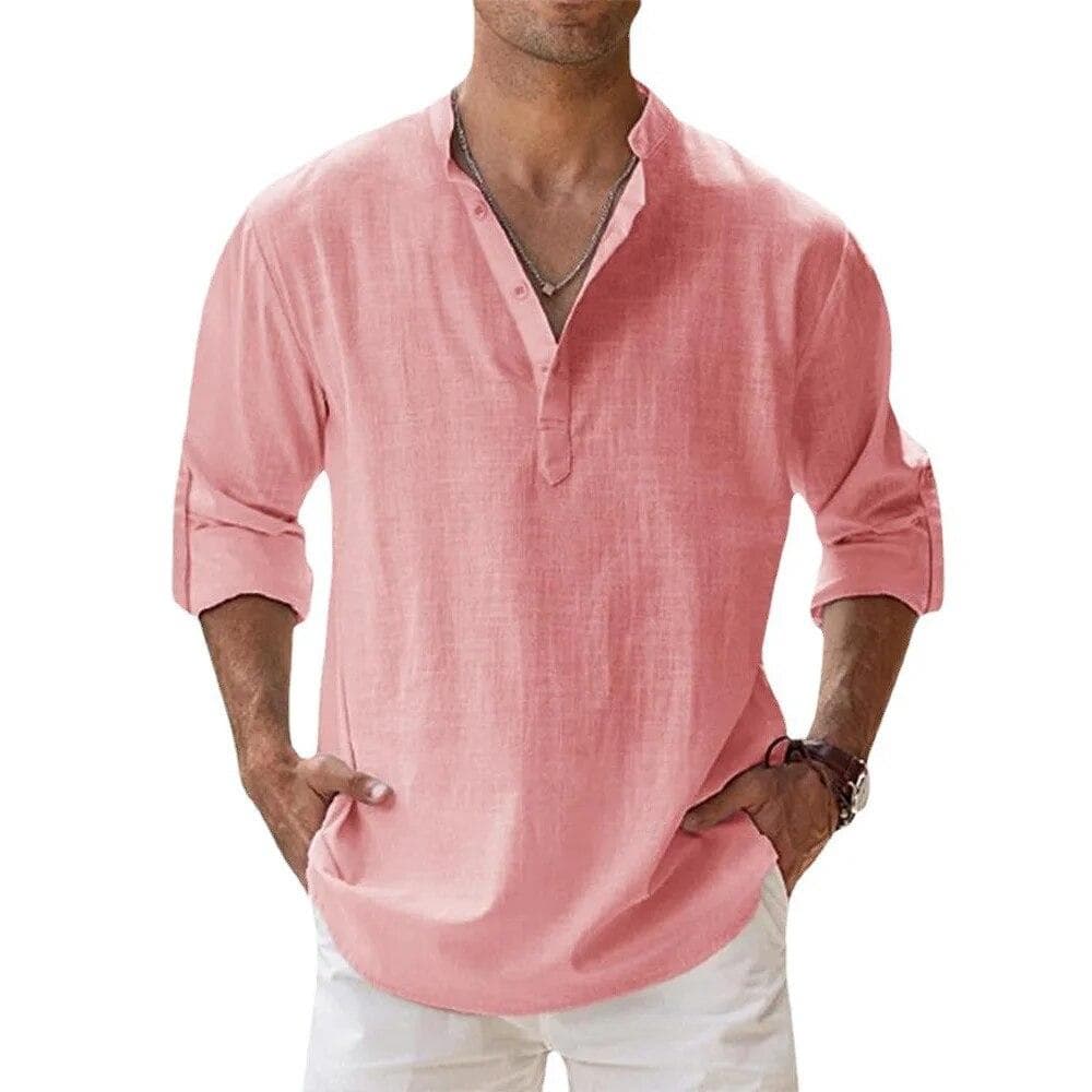 Men's Shirt Cotton and Linen Henley Collar Shirts for Men Casual Hawaiian Vacation Long Sleeve Beach Tops US S 50-60 KG pink