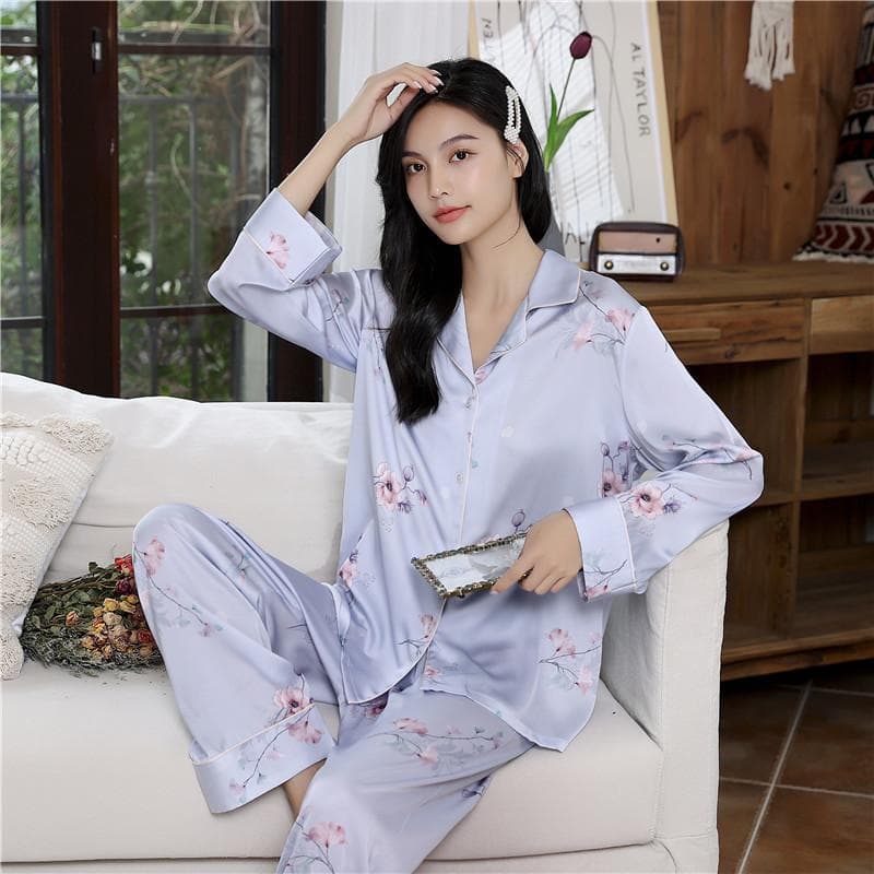Purple Printed Pajamas Set Spring and Autumn New Long-sleeved Thin Pants Home Wear Women's Pajamas Loose Casual Pajamas XL purple