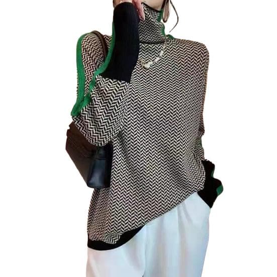 Women Contrast Color Sweater High Splicing Design Collar Long Sleeve Knitting Tops Thick Warm Pullover Tops L green