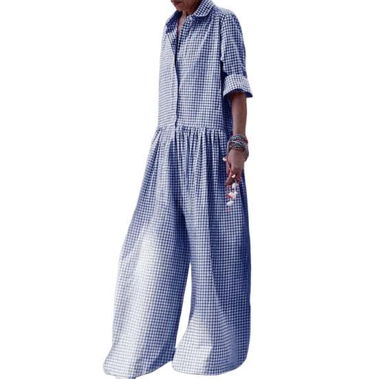 Women Jumpsuit Check Print Color Matching Long Sleeve Turn-down Collar Wide Leg Half Single-breasted Deep Crotch Casual Loose Long Jumpsuit 3XL royal blue