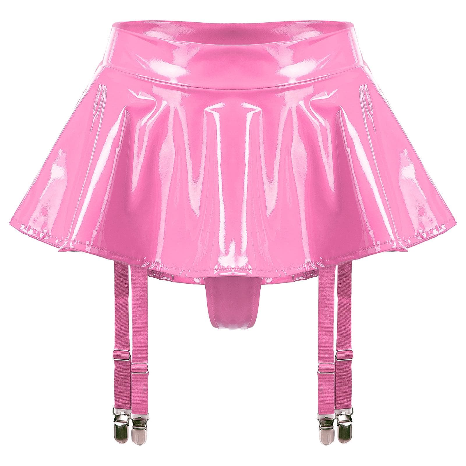 Womens Patent Leather Ruffle Skirt Built In Thongs Garter Clips Mini Clubwear S hot pink