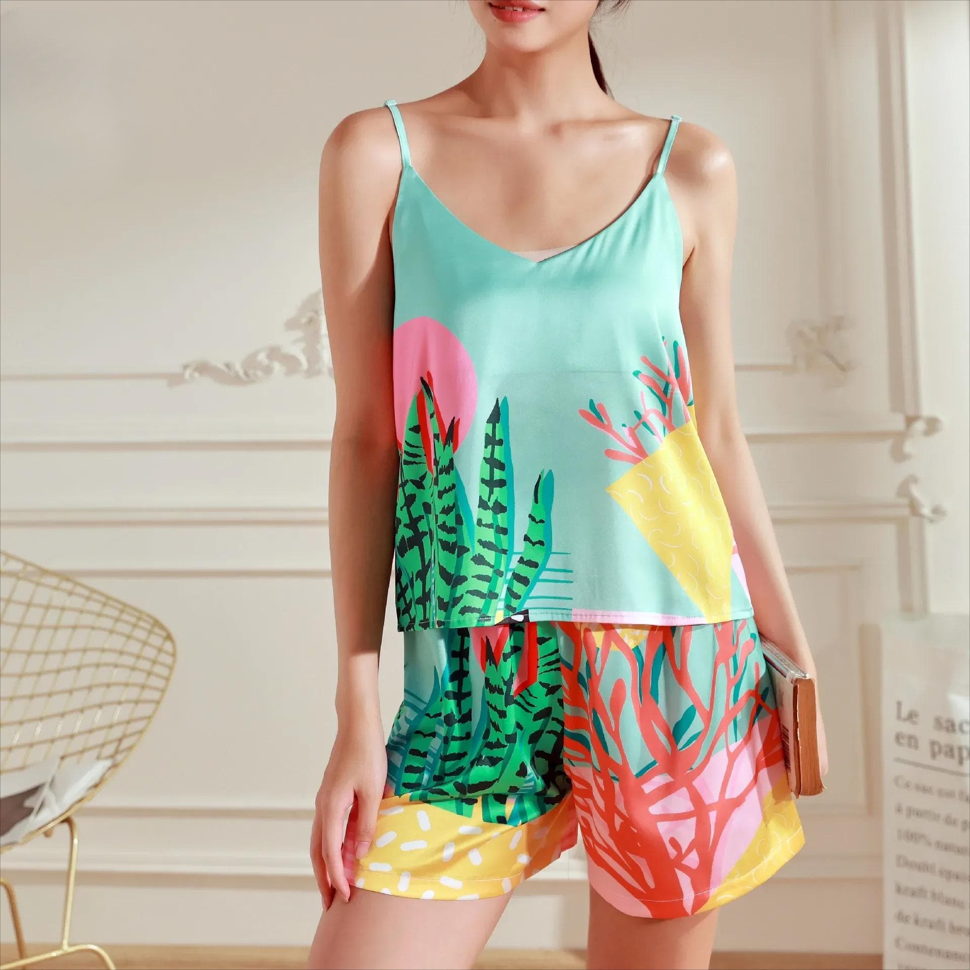 Pajamas, Women's Cartoon Printed Ice Silk Thin Suit, Short Sleeved Shorts, High-end Home Clothes, Worn for External Wear XXXL