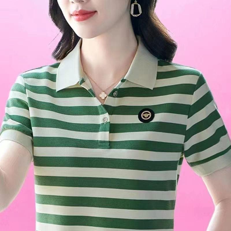 Striped Short-sleeved T-shirt for Women In Summer New Lapel Fashion Fashionable Mother Polo Shirt Versatile Top 3XL