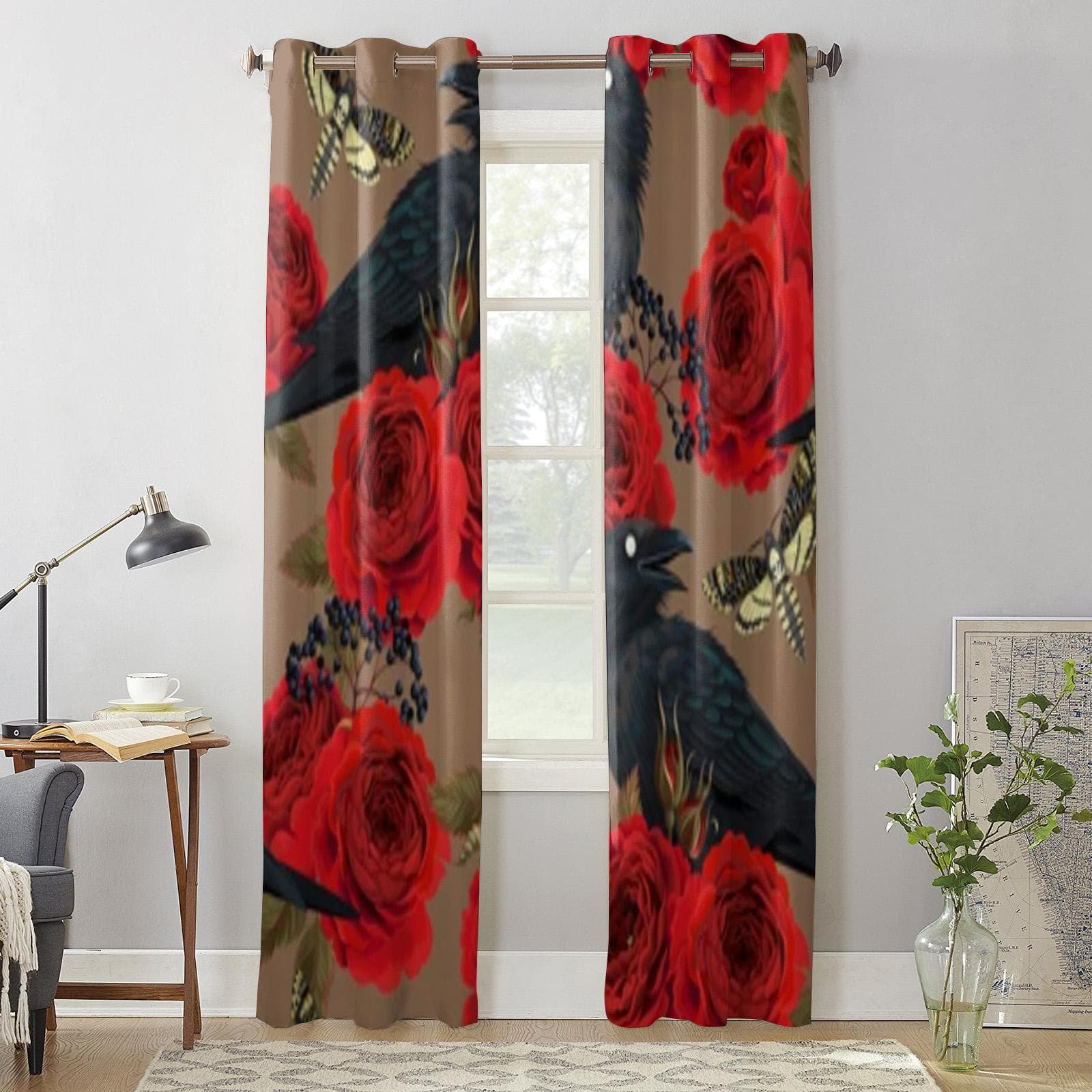 Raven Moths And Roses Window Curtain For Living Room Bedroom Decoration Curtains Luxury Kitchen Valance Curtains 135W x 60H(cm) x1