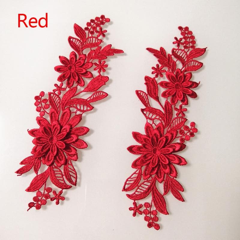 1 Pair Embroidery Applique 3D Lace Trim Flower Fabric Craft Sewing Motif DIY Patches red