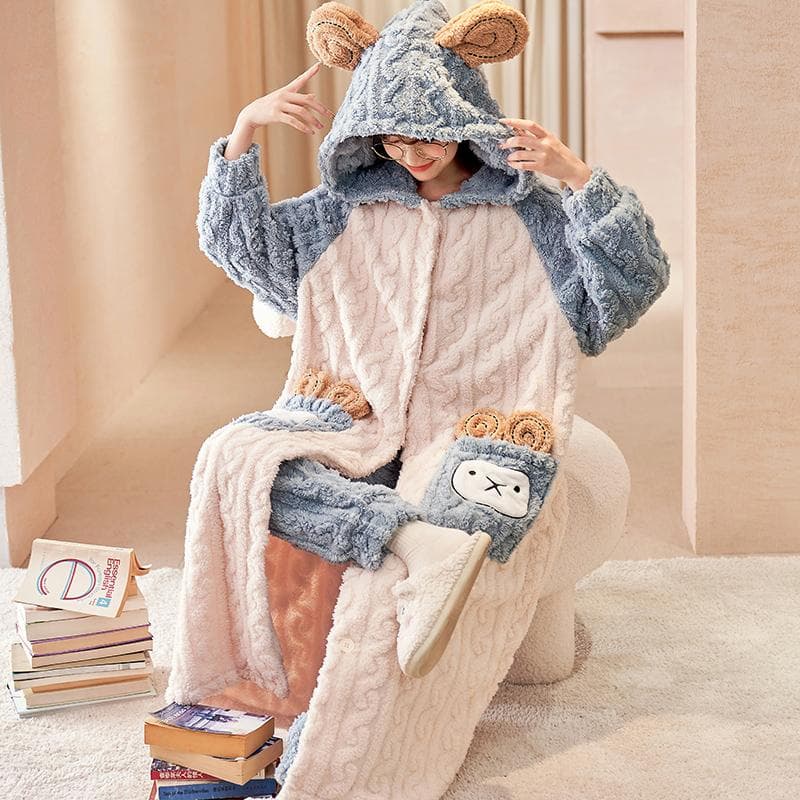 Cartoon Thicken Kimono Bathrobe Women's Dressing Gown Pajamas Hooded Robes Coral Fleece Sleepwear Winter Coats for Home Clothes L