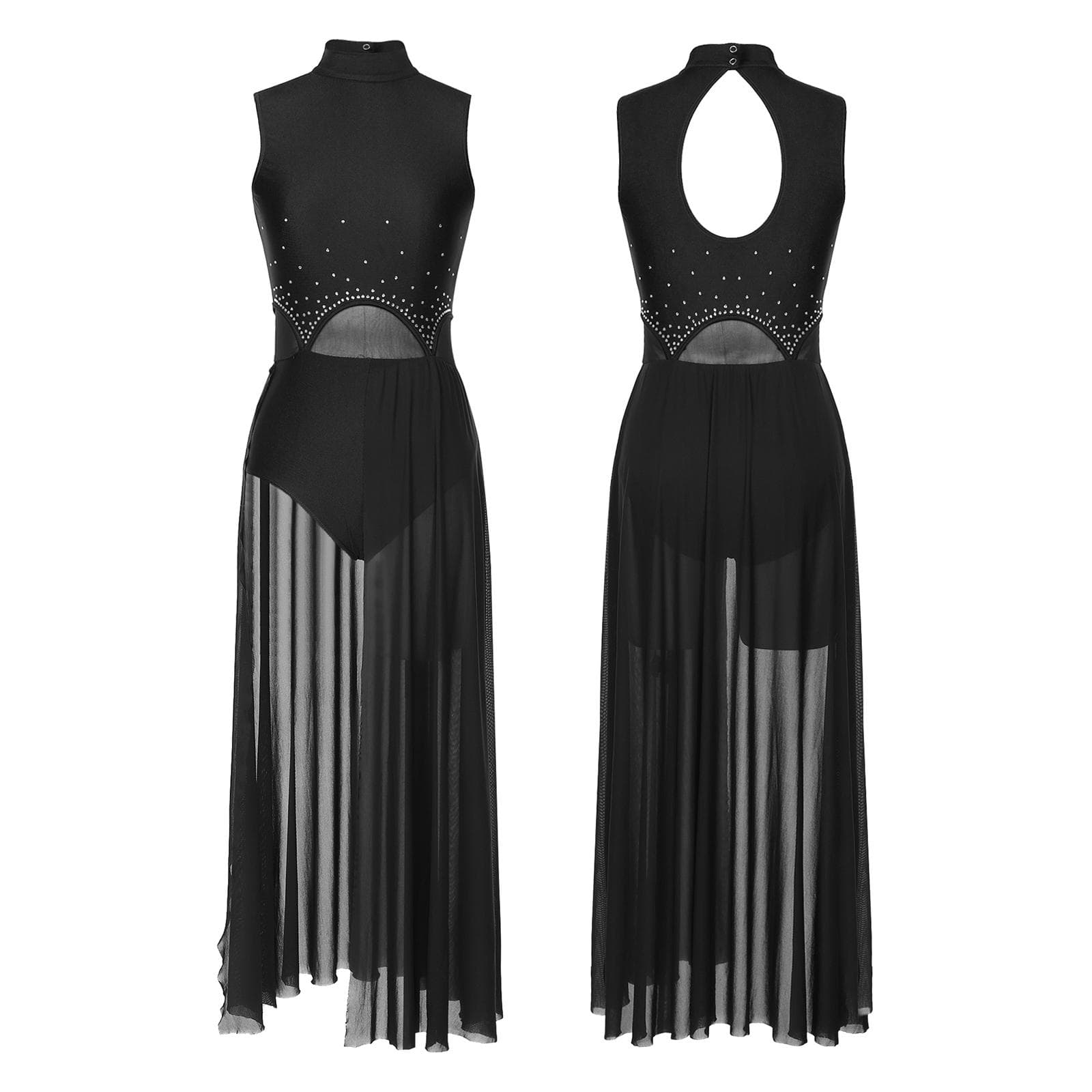 Women Lyrical Dance Costume Modern Contemporary Ballet Dancewear Rhinestone Decor Leotard Dress L black