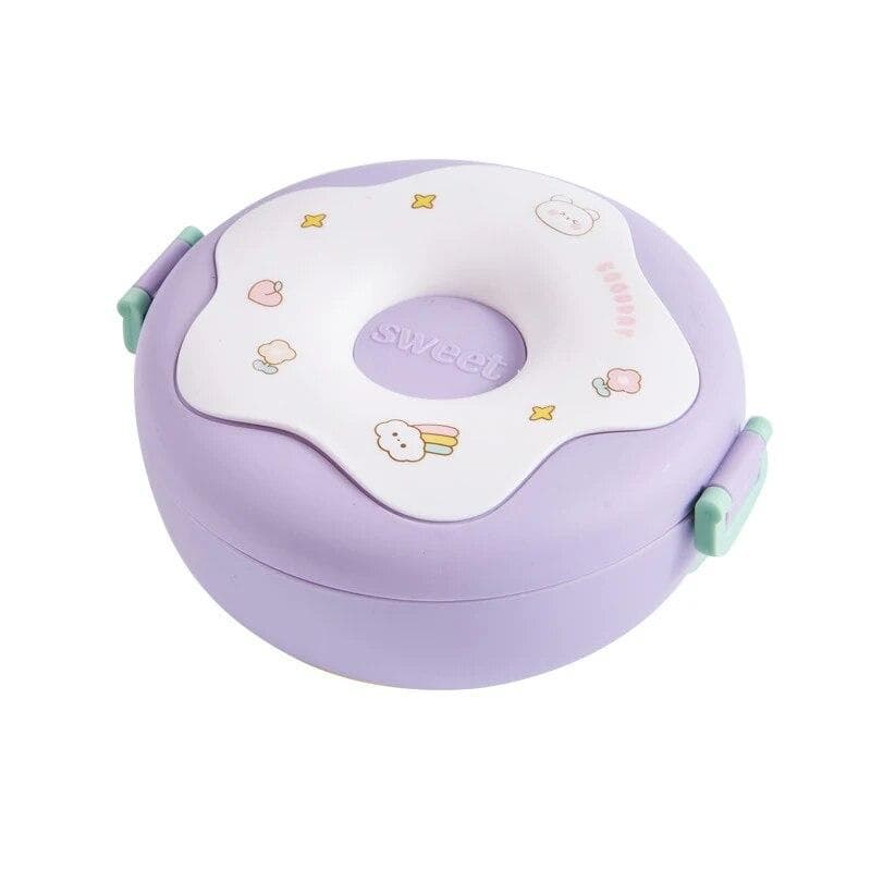 Lunch Box For Kid School Child Snack Box Donut Cartoon Leakproof Bento Box Lunch Bags With Fork Spoon 3 Compartment Microwavable purple