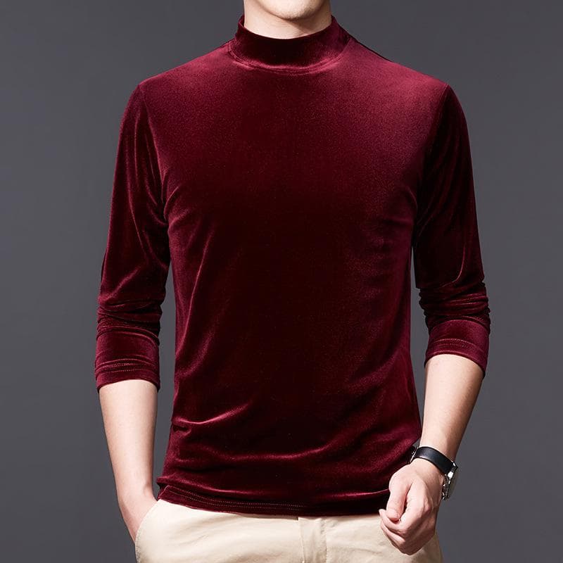 Men's Gold Velvet Long-Sleeve Turtleneck T-Shirt - 2022 Autumn/Winter Collection L wine red