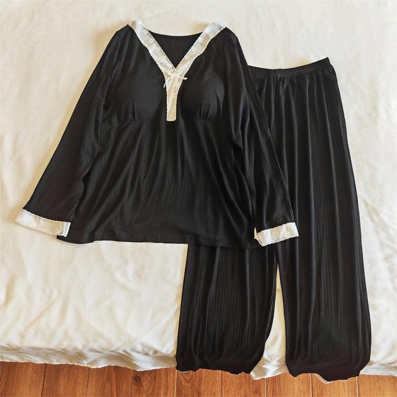 Modal Women Soft Pajamas Autumn Sexy Lace V-Neck Long Sleeve Pants Set Loose Casual Princess Style Home Clothes Female Sleepwear 2XL black